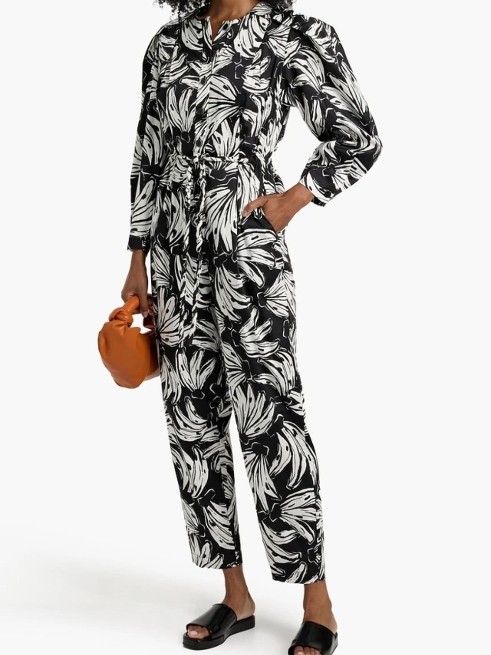FARM Rio Black & White Floral-Print Long Sleeve Jumpsuit